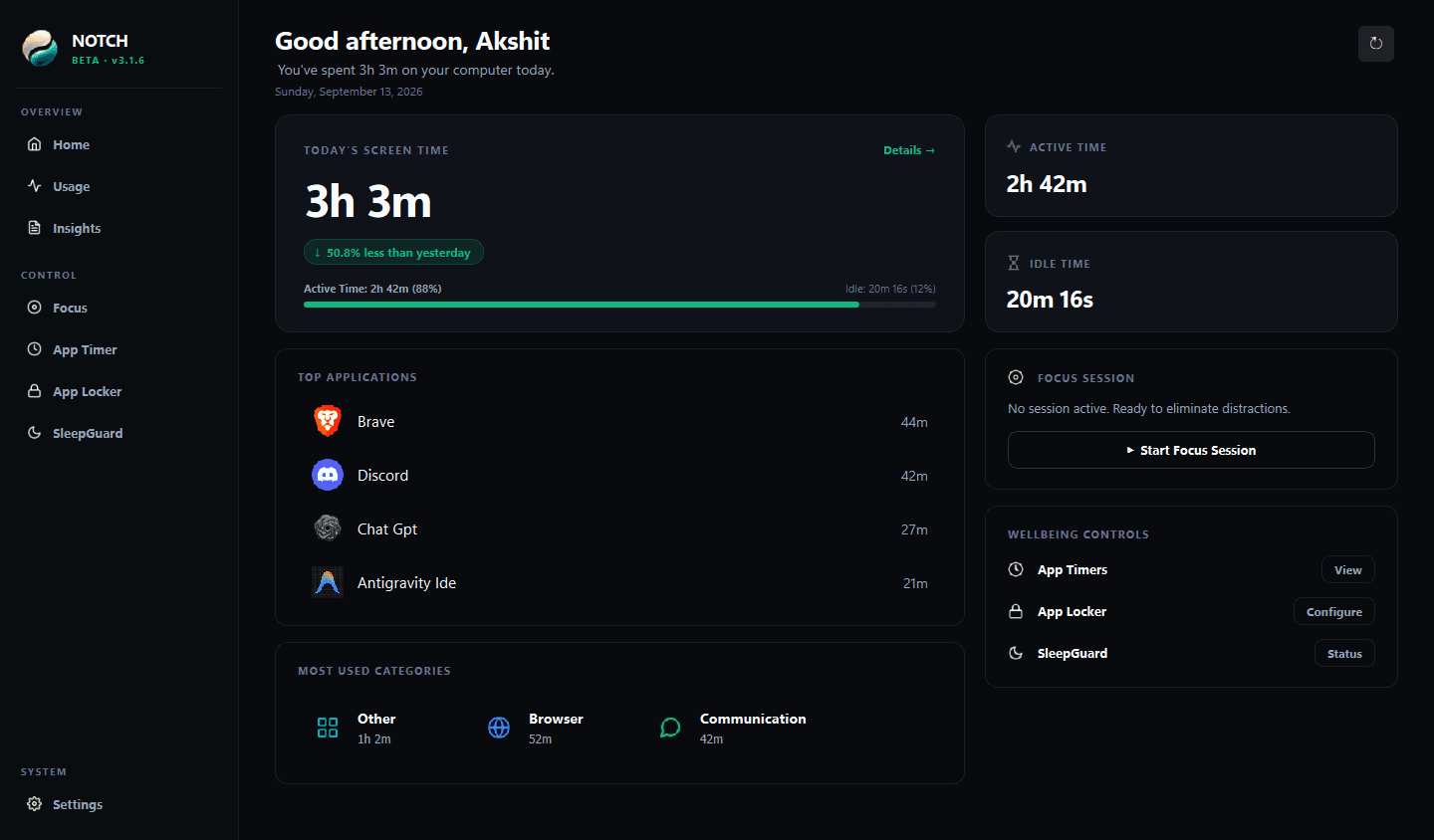 Notch Desktop Interface (dark theme)
